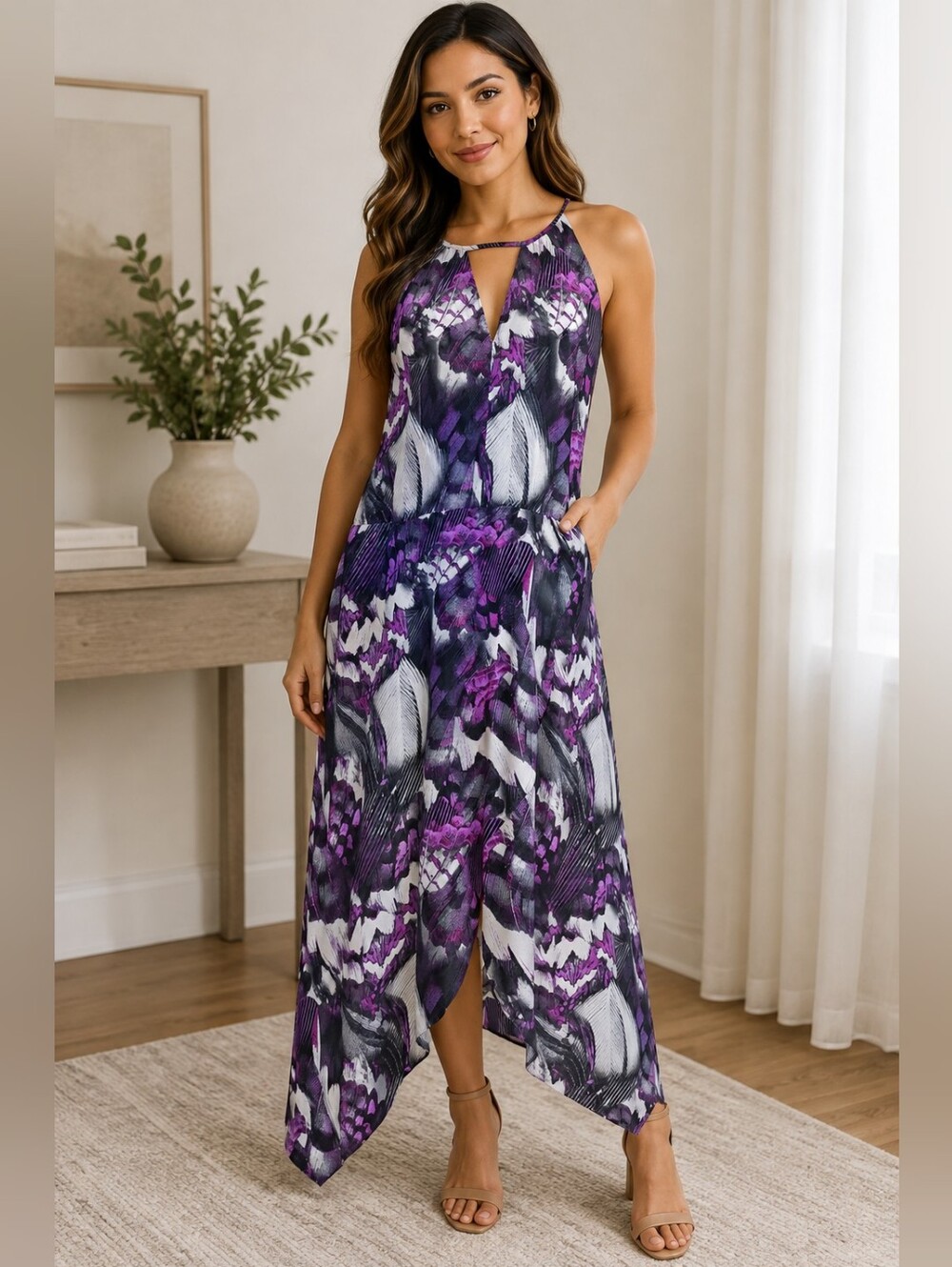 Guess Purple Print Halter High Low Dress